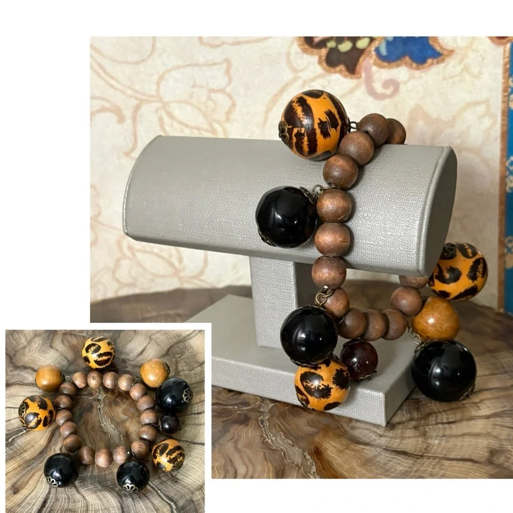 Handmade Wooden Beaded Leopard Print Stretch Bracelet